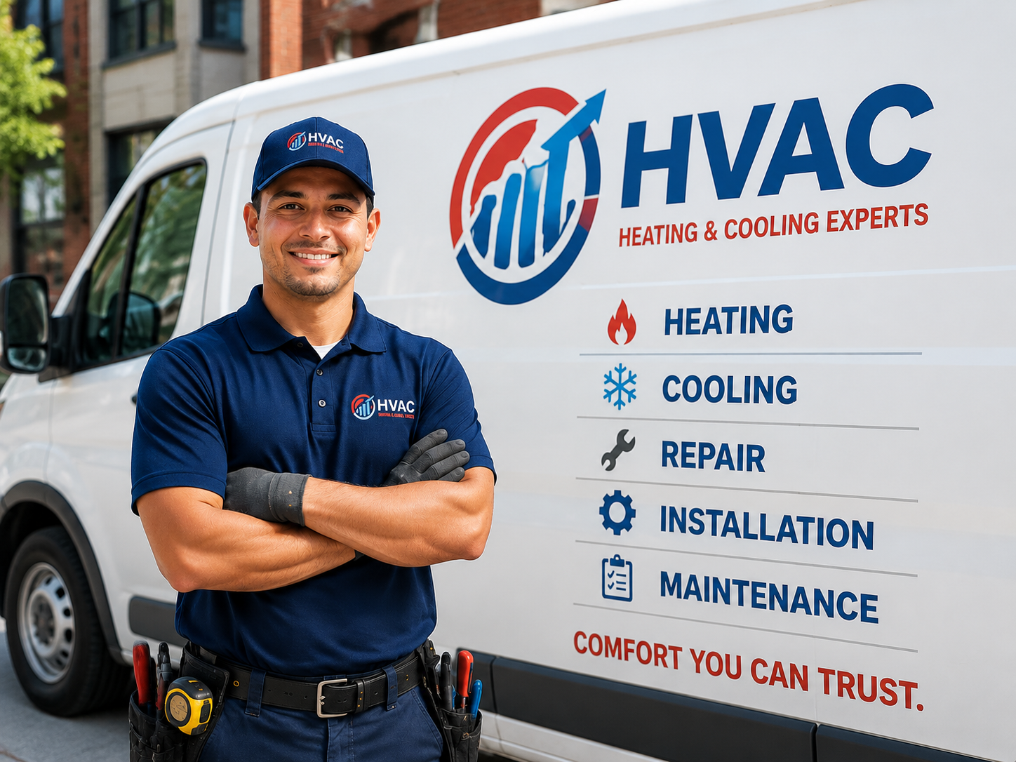 Bronx HVAC technician in front of a heating and cooling service van